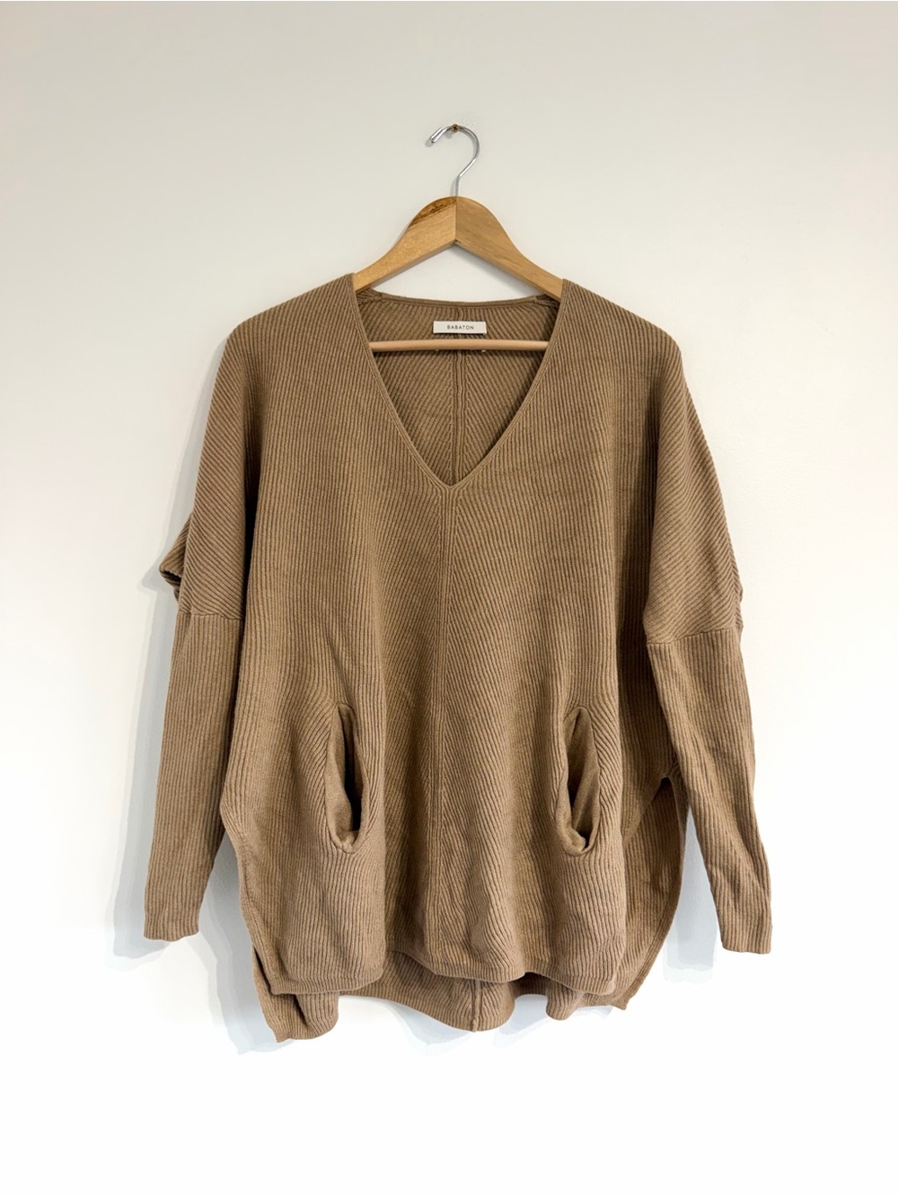 Babaton Oversized V-Neck Pocket Sweater in Camel wool blend